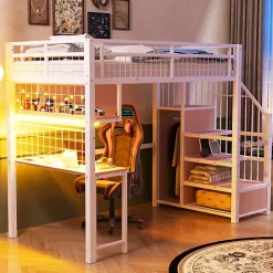 Lit mezzanine en métal 90x200 cm avec LED - prise de recharge - échelle de rangement - étagères et bureau - blanc (sans matelas)