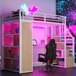 Lit mezzanine en métal 90x200 cm avec armoire et bureau - avec LED - compartiments de rangement - blanc (sans matelas)