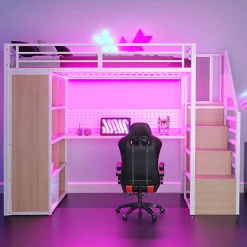 Lit mezzanine en métal 90x200 cm avec armoire et bureau - avec LED - compartiments de rangement - blanc (sans matelas)