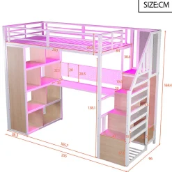 Lit mezzanine en métal 90x200 cm avec armoire et bureau - avec LED - compartiments de rangement - blanc (sans matelas)