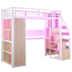 Lit mezzanine en métal 90x200 cm avec armoire et bureau - avec LED - compartiments de rangement - blanc (sans matelas)