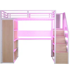 Lit mezzanine en métal 90x200 cm avec armoire et bureau - avec LED - compartiments de rangement - blanc (sans matelas)