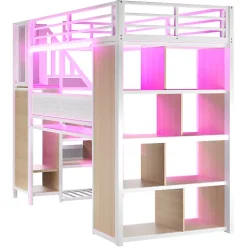 Lit mezzanine en métal 90x200 cm avec armoire et bureau - avec LED - compartiments de rangement - blanc (sans matelas)