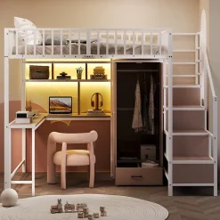 Lit mezzanine en métal 140x200 cm avec LED - avec étagères - armoire+tiroir - échelle de rangement - blanc (sans matelas)