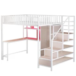 Lit mezzanine en métal 140x200 cm avec LED - avec étagères - armoire+tiroir - échelle de rangement - blanc (sans matelas)