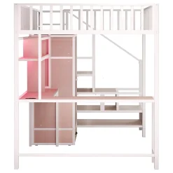 Lit mezzanine en métal 140x200 cm avec LED - avec étagères - armoire+tiroir - échelle de rangement - blanc (sans matelas)