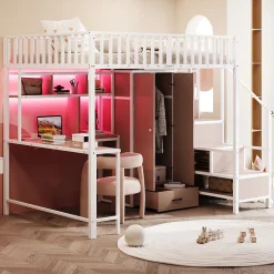 Lit mezzanine en métal 140x200 cm avec LED - avec étagères - armoire+tiroir - échelle de rangement - blanc (sans matelas)