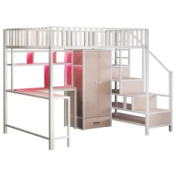 Lit mezzanine en métal 140x200 cm avec LED - avec étagères - armoire+tiroir - échelle de rangement - blanc (sans matelas)