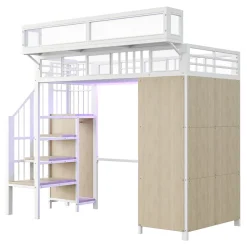 Lit mezzanine en métal 90x200cm avec armoire - échelle de sécurité - avec LED - barrières de sécurité - blanc (sans matelas)