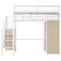 Lit mezzanine en métal 90x200cm avec armoire - échelle de sécurité - avec LED - barrières de sécurité - blanc (sans matelas)
