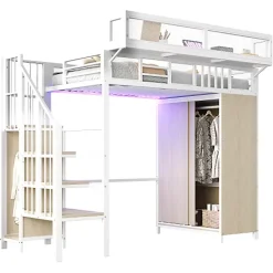 Lit mezzanine en métal 90x200cm avec armoire - échelle de sécurité - avec LED - barrières de sécurité - blanc (sans matelas)
