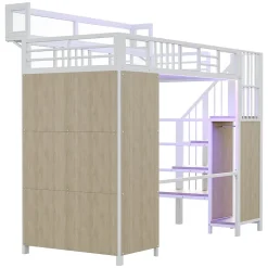 Lit mezzanine en métal 90x200cm avec armoire - échelle de sécurité - avec LED - barrières de sécurité - blanc (sans matelas)