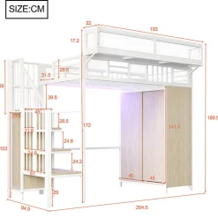 Lit mezzanine en métal 90x200cm avec armoire - échelle de sécurité - avec LED - barrières de sécurité - blanc (sans matelas)