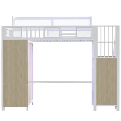 Lit mezzanine en métal 90x200cm avec armoire - échelle de sécurité - avec LED - barrières de sécurité - blanc (sans matelas)