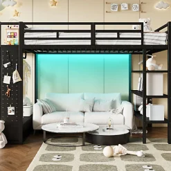 Lit mezzanine en métal 140x200cm avec LED - Armoire ouverte et 2 tiroirs - Étagères+panneaux de rangement - Noir (sans matelas)