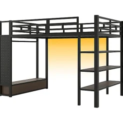 Lit mezzanine en métal 140x200cm avec LED - Armoire ouverte et 2 tiroirs - Étagères+panneaux de rangement - Noir (sans matelas)