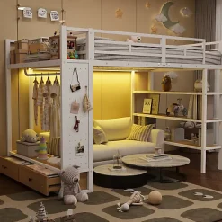 Lit mezzanine en métal 140x200cm avec LED - Armoire ouverte et 2 tiroirs - Étagères+panneaux de rangement - Blanc (sans matelas)