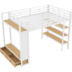 Lit mezzanine en métal 140x200cm avec LED - Armoire ouverte et 2 tiroirs - Étagères+panneaux de rangement - Blanc (sans matelas)