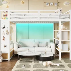 Lit mezzanine en métal 140x200cm avec LED - Armoire ouverte et 2 tiroirs - Étagères+panneaux de rangement - Blanc (sans matelas)