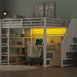 Lit mezzanine en métal 140x200cm - Avec bureau et compartiments de rangement - Avec LED et port USB - MDF - Blanc (sans matelas)