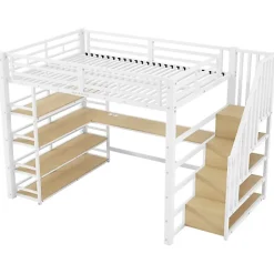 Lit mezzanine en métal 140x200cm - Avec bureau et compartiments de rangement - Avec LED et port USB - MDF - Blanc (sans matelas)