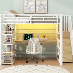 Lit mezzanine en métal 140x200cm - Avec bureau et compartiments de rangement - Avec LED et port USB - MDF - Blanc (sans matelas)