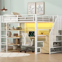 Lit mezzanine en métal 140x200cm - Avec bureau et compartiments de rangement - Avec LED et port USB - MDF - Blanc (sans matelas)