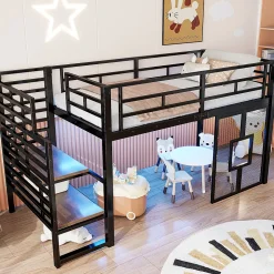 Lit mezzanine en métal 90x200cm - Avec escalier de rangement - Avec éclairage LED - Design fenêtre - Noir ( sans matelas )
