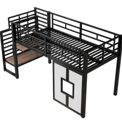 Lit mezzanine en métal 90x200cm - Avec escalier de rangement - Avec éclairage LED - Design fenêtre - Noir ( sans matelas )