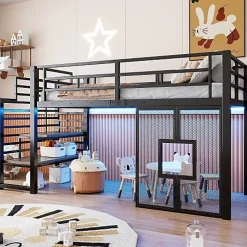 Lit mezzanine en métal 90x200cm - Avec escalier de rangement - Avec éclairage LED - Design fenêtre - Noir ( sans matelas )