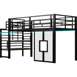 Lit mezzanine en métal 90x200cm - Avec escalier de rangement - Avec éclairage LED - Design fenêtre - Noir ( sans matelas )