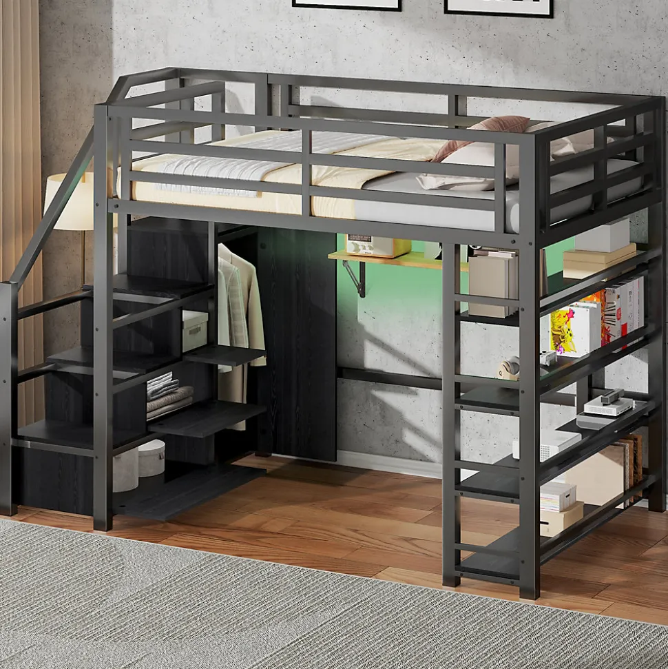 Lit mezzanine en métal 140x200cm - avec LED - échelle de rangement - avec armoire et étagères - Noir ( sans matelas)