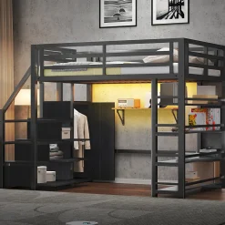 Lit mezzanine en métal 140x200cm - avec LED - échelle de rangement - avec armoire et étagères - Noir ( sans matelas)