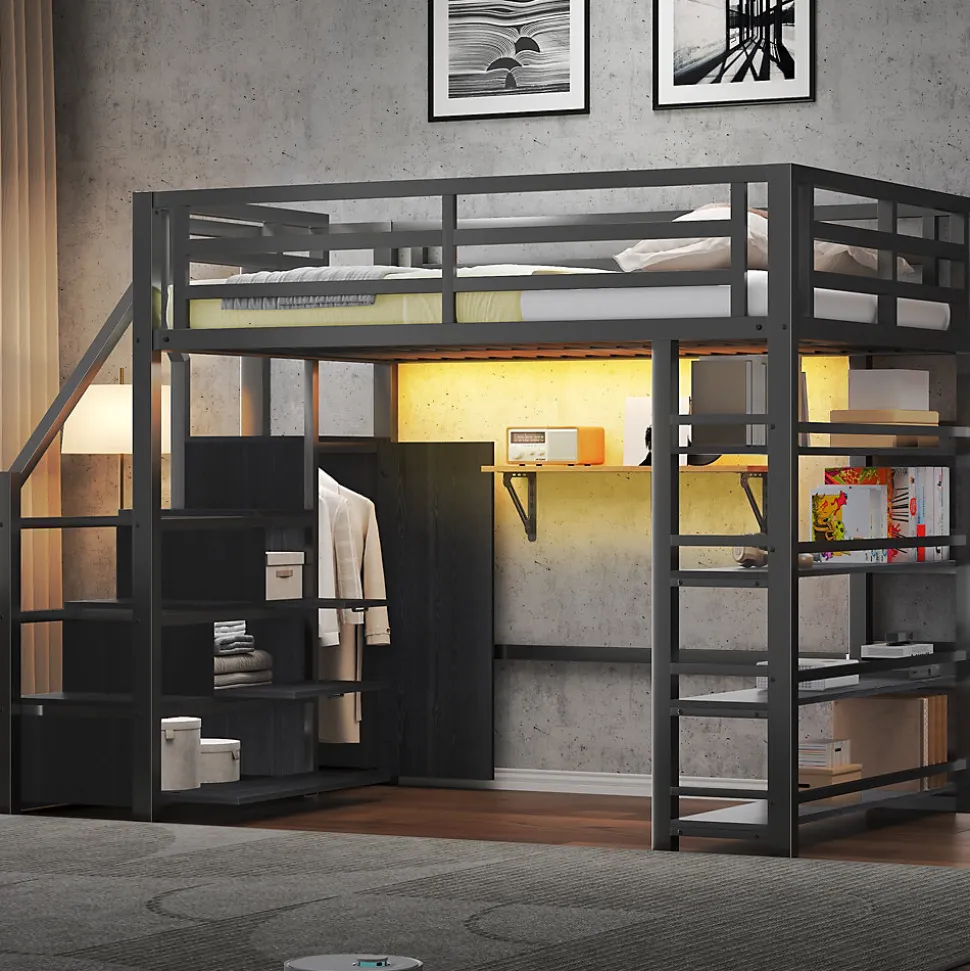 Lit mezzanine en métal 140x200cm - avec LED - échelle de rangement - avec armoire et étagères - Noir ( sans matelas)