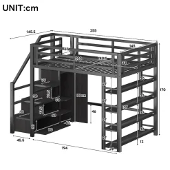 Lit mezzanine en métal 140x200cm - avec LED - échelle de rangement - avec armoire et étagères - Noir ( sans matelas)