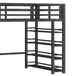 Lit mezzanine en métal 140x200cm - avec LED - échelle de rangement - avec armoire et étagères - Noir ( sans matelas)