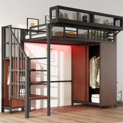 Lit mezzanine en métal 90x200cm avec armoire - échelle de sécurité - avec LED - barrières de sécurité - noir (sans matelas)