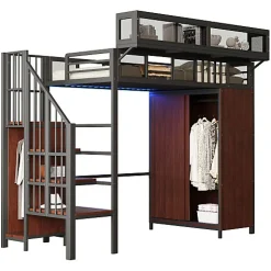 Lit mezzanine en métal 90x200cm avec armoire - échelle de sécurité - avec LED - barrières de sécurité - noir (sans matelas)