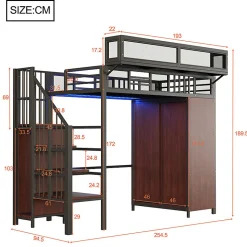 Lit mezzanine en métal 90x200cm avec armoire - échelle de sécurité - avec LED - barrières de sécurité - noir (sans matelas)