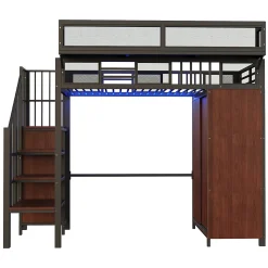 Lit mezzanine en métal 90x200cm avec armoire - échelle de sécurité - avec LED - barrières de sécurité - noir (sans matelas)