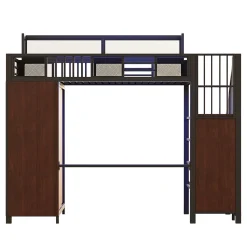 Lit mezzanine en métal 90x200cm avec armoire - échelle de sécurité - avec LED - barrières de sécurité - noir (sans matelas)