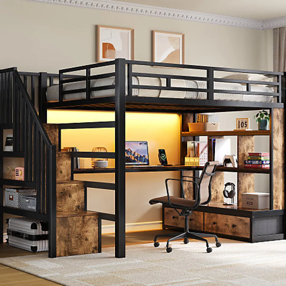 Lit mezzanine en métal 140x200cm avec LED - avec bureau et étagères - 2 tiroirs et escalier de rangement - Noir(sans matelas)