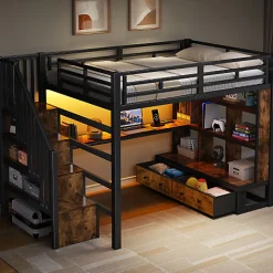 Lit mezzanine en métal 140x200cm avec LED - avec bureau et étagères - 2 tiroirs et escalier de rangement - Noir(sans matelas)