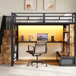 Lit mezzanine en métal 140x200cm avec LED - avec bureau et étagères - 2 tiroirs et escalier de rangement - Noir(sans matelas)