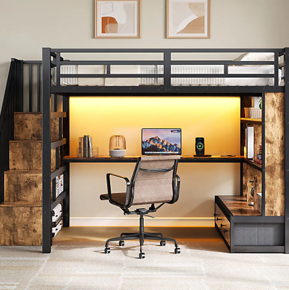 Lit mezzanine en métal 140x200cm avec LED - avec bureau et étagères - 2 tiroirs et escalier de rangement - Noir(sans matelas)