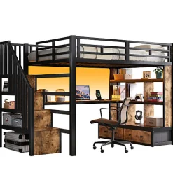 Lit mezzanine en métal 140x200cm avec LED - avec bureau et étagères - 2 tiroirs et escalier de rangement - Noir(sans matelas)