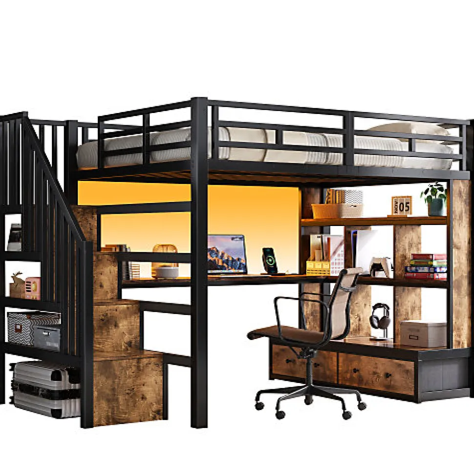 Lit mezzanine en métal 140x200cm avec LED - avec bureau et étagères - 2 tiroirs et escalier de rangement - Noir(sans matelas)