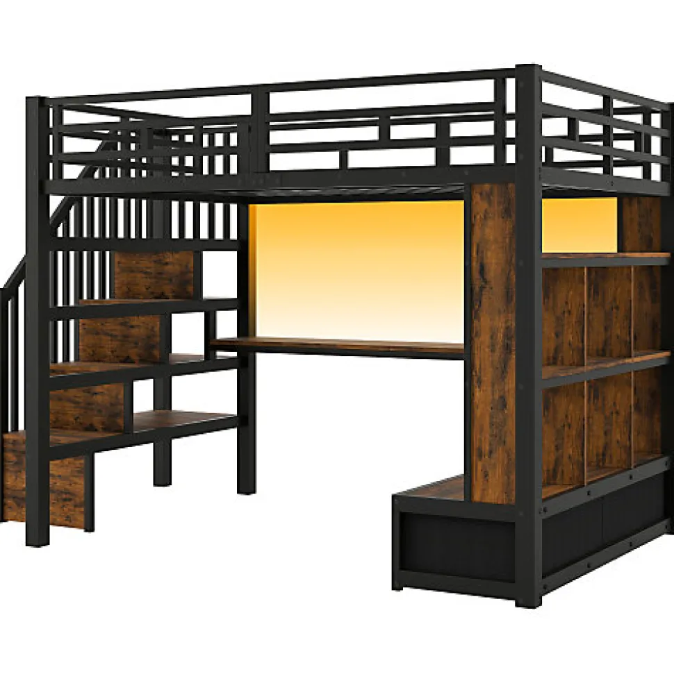 Lit mezzanine en métal 140x200cm avec LED - avec bureau et étagères - 2 tiroirs et escalier de rangement - Noir(sans matelas)