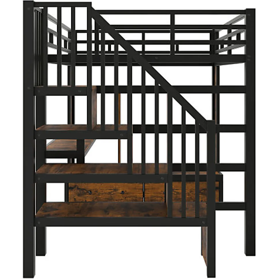 Lit mezzanine en métal 140x200cm avec LED - avec bureau et étagères - 2 tiroirs et escalier de rangement - Noir(sans matelas)