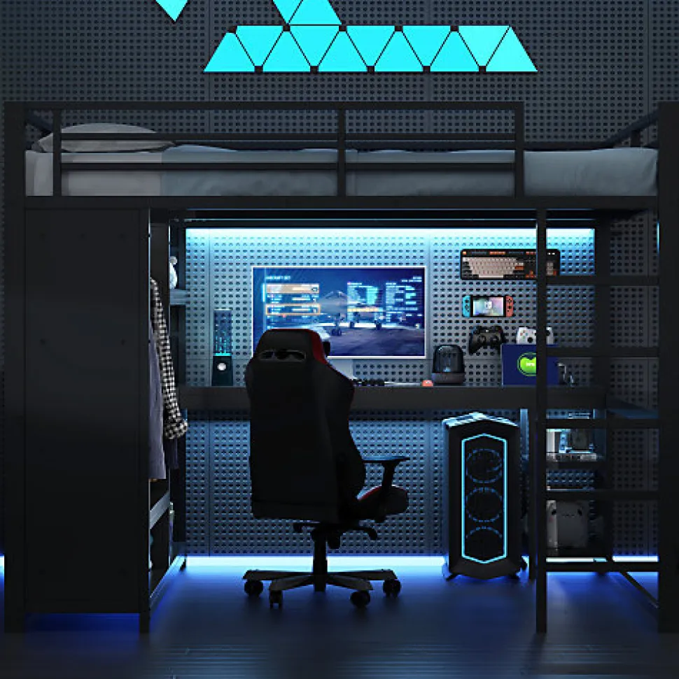 Lit mezzanine en métal 160x200cm avec LED - Bureau et compartiments de rangement - Armoire ouverte - Noir (sans matelas)